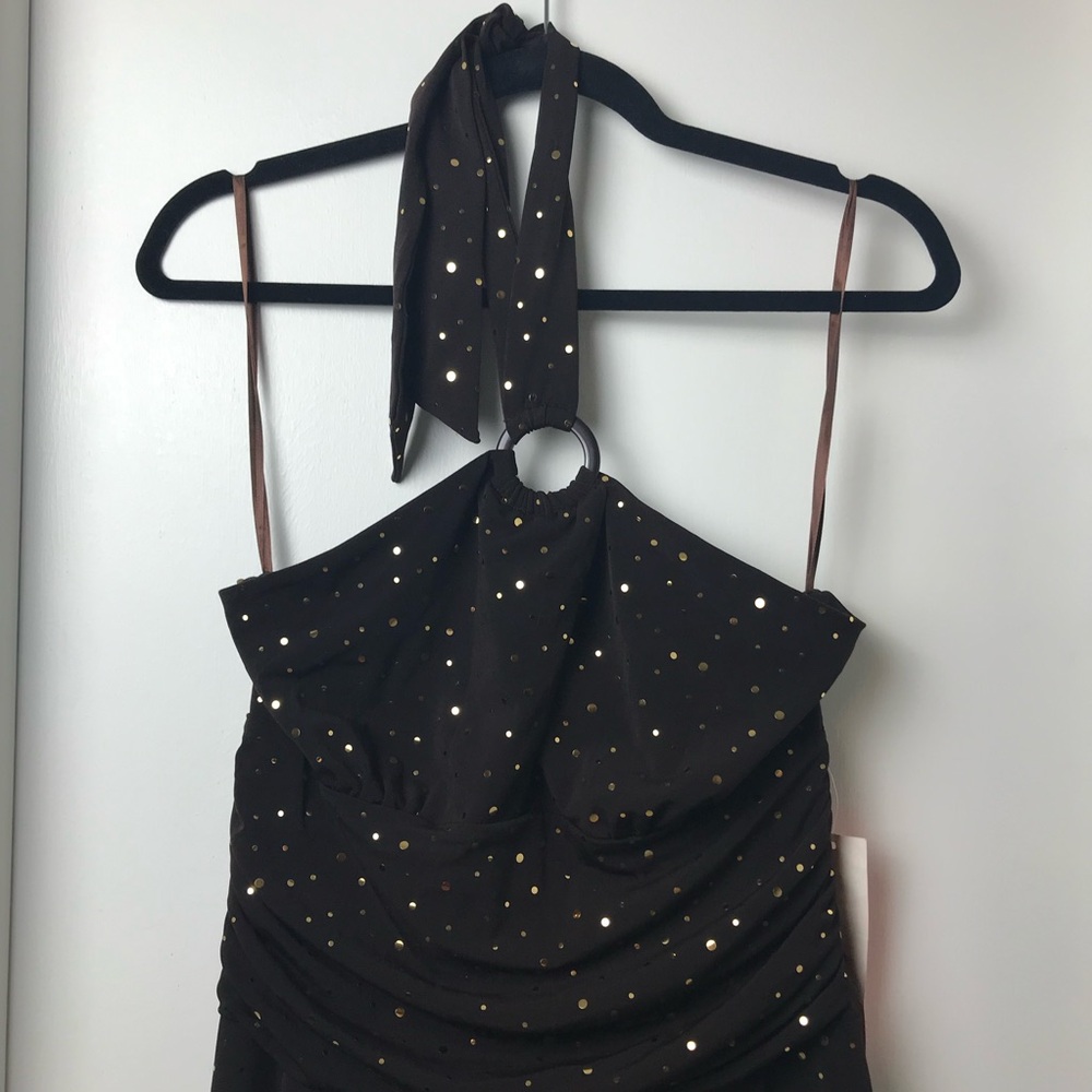 EnFocus Studio gold Sequins Asymmetrical Ruched Halter Dress Size 10 NWOT - Picture 4 of 11